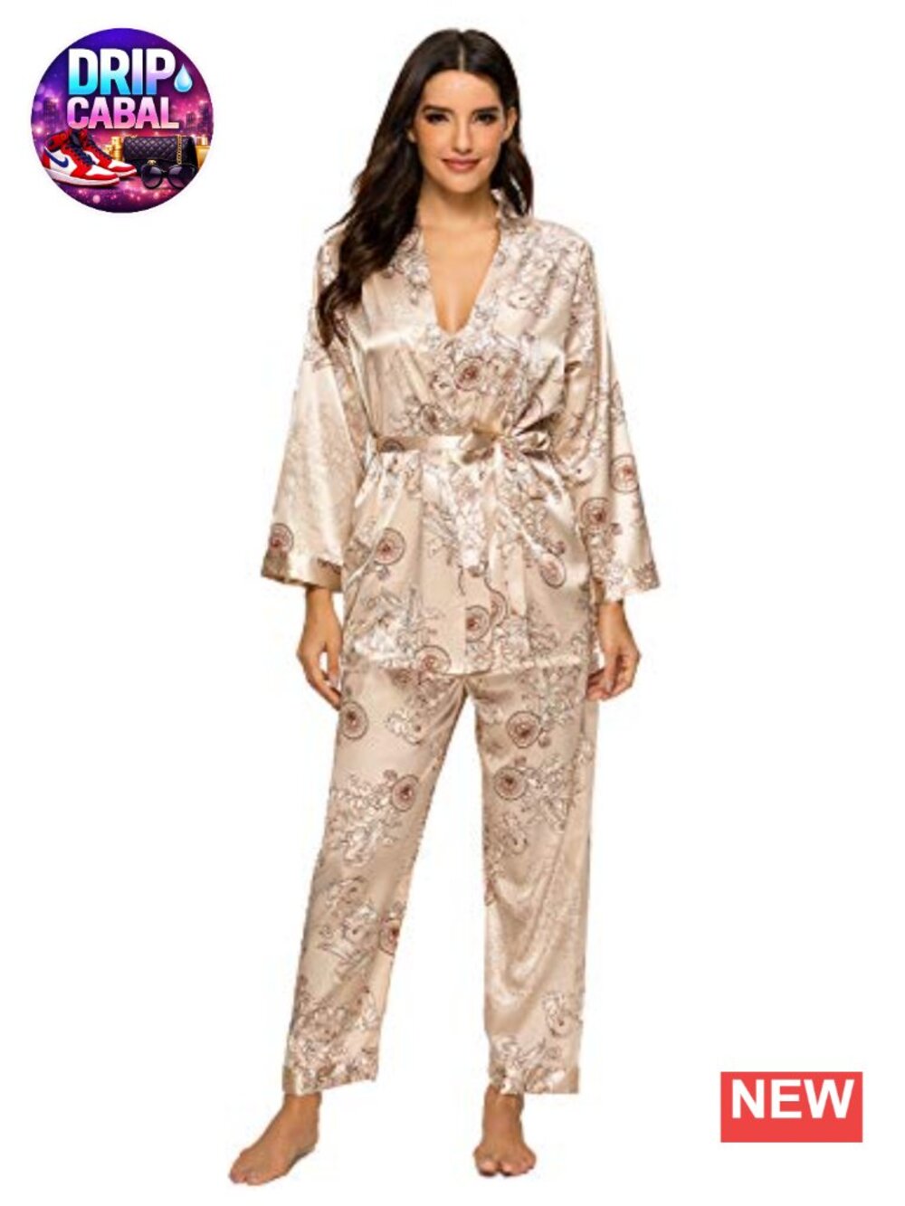 Women's 3 Piece Floral Silk Satin Pajama Set with Cami Robe Pants, V-Neck Lace